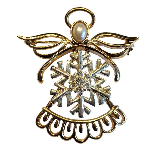 Vintage Angel Snowflake Brooch Gold Tone Rhinestone & Faux Pearl Christmas Pin - Picture 1 of 7